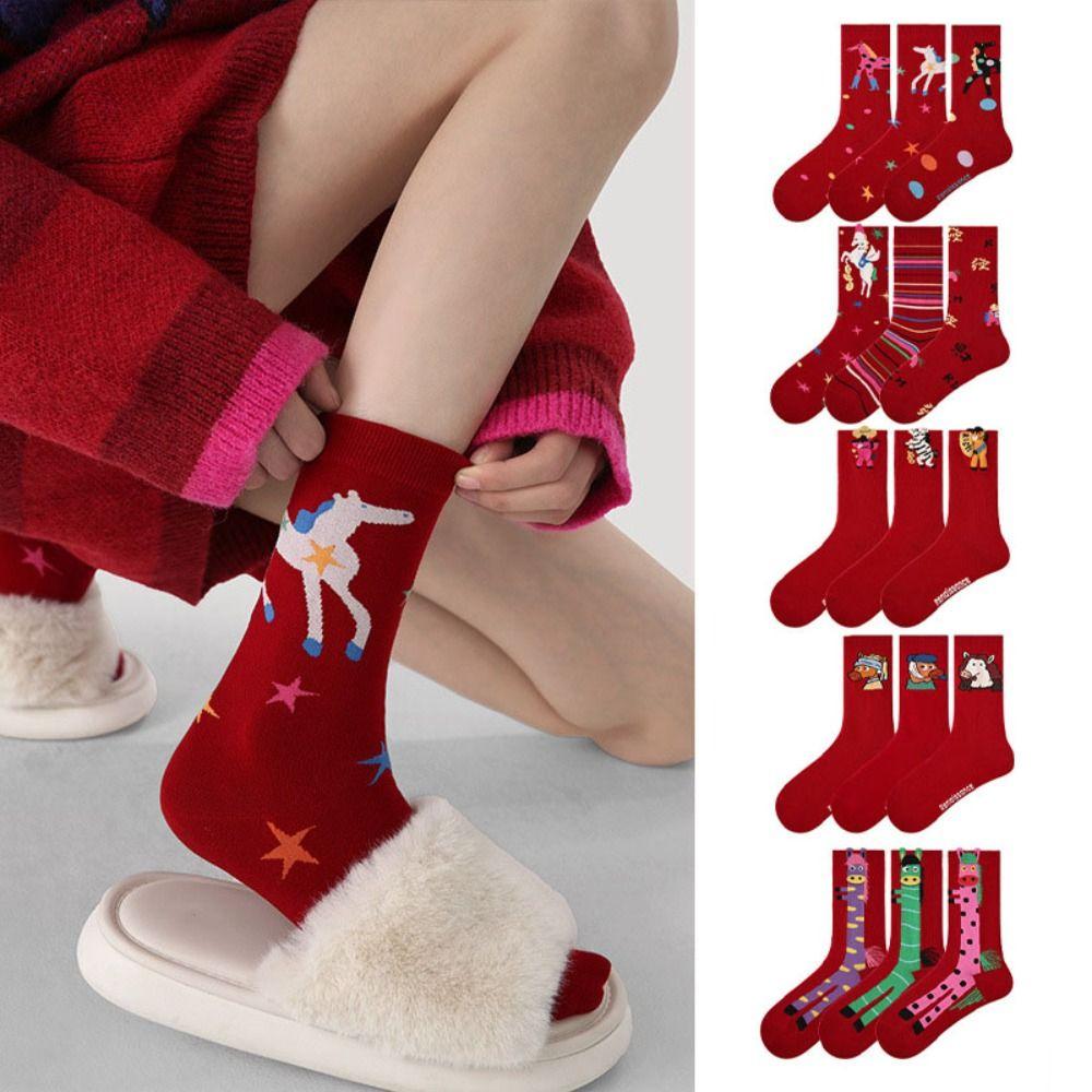 3Pairs Winter Autumn Year of The Horse Socks Cartoon Red Cotton Socks Funny Zodiac Year Socks  Women