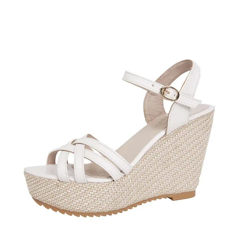 Sommer Plattform Sandaler Dame Peep Toe Høy Kilehæl Ankelspenner Sandal Kvinne Kryssreim 11cm Hælsandaler Mules