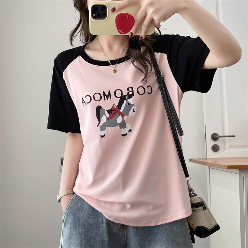 

2026 Summer Plus Size Women s Cartoon Color Block Cotton T-shirt - Short Sleeve Casual Fashion Top XL рожевий