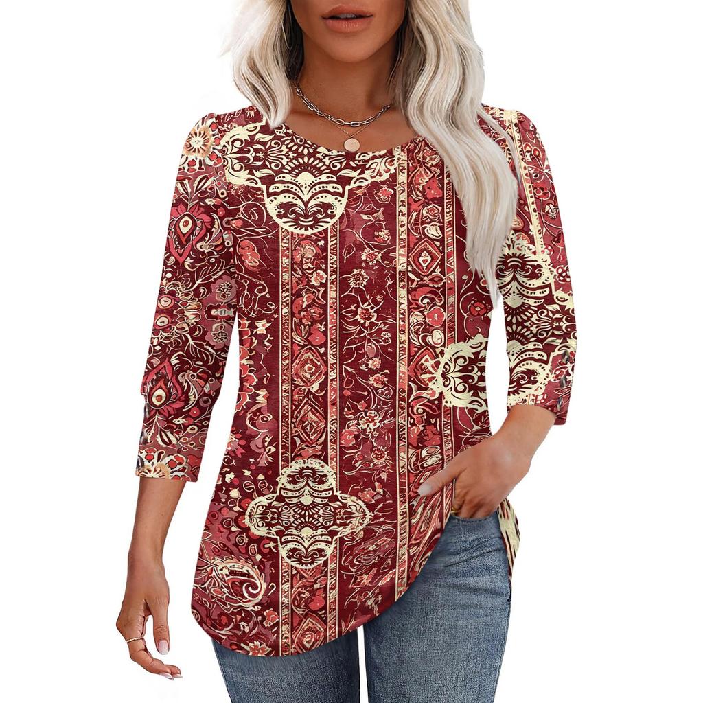 Damen Casual Lockere Passform Dreiviertelarm Oberteil Rundhalsausschnitt Bohème-Print Bluse Leichter Bequemer Stoff Geeignet für den täglichen Gebrauch
