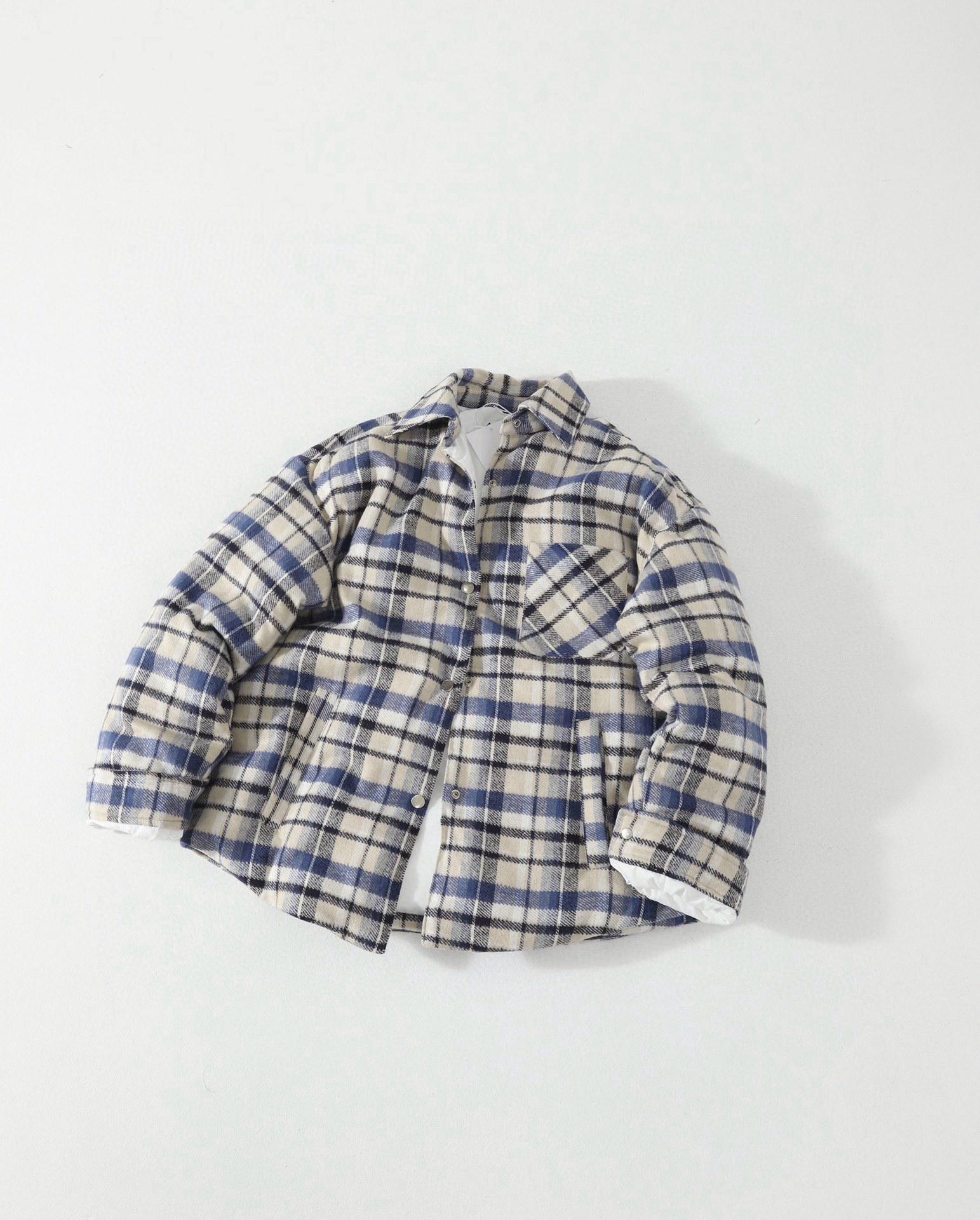 High-Quality Plaid Lapel Down Jacket: Pure Cotton, Brushed, Neutral Old Money Style, Loose Fit, Warm Zipper Outerwear. Medium