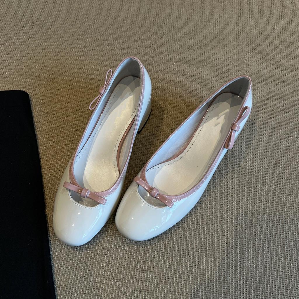 Spring and Autumn New Thick Heel Single Shoes Women's Middle Heel Bow Color Matching Women's Shoes