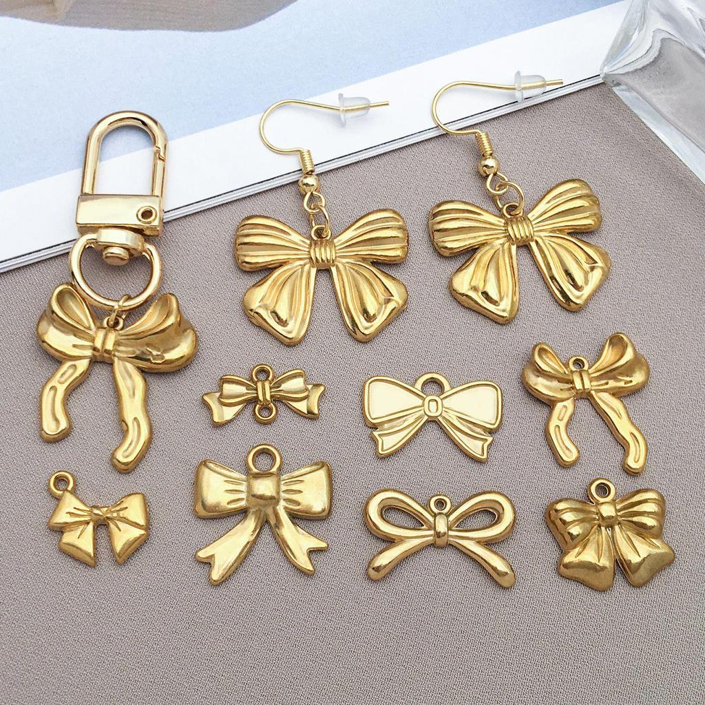 Gold Stainless Steel Bow Necklace & Bracelet Set - Versatile Pendant, Charm, DIY Earrings, Fashion Jewelry Accessories.