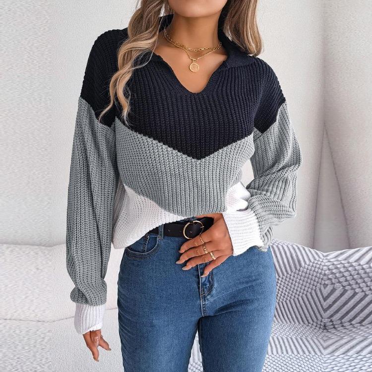 Women Casual Knit Pullover Sweater Autumn Winter Long Sleeve Polo Collar Contrast