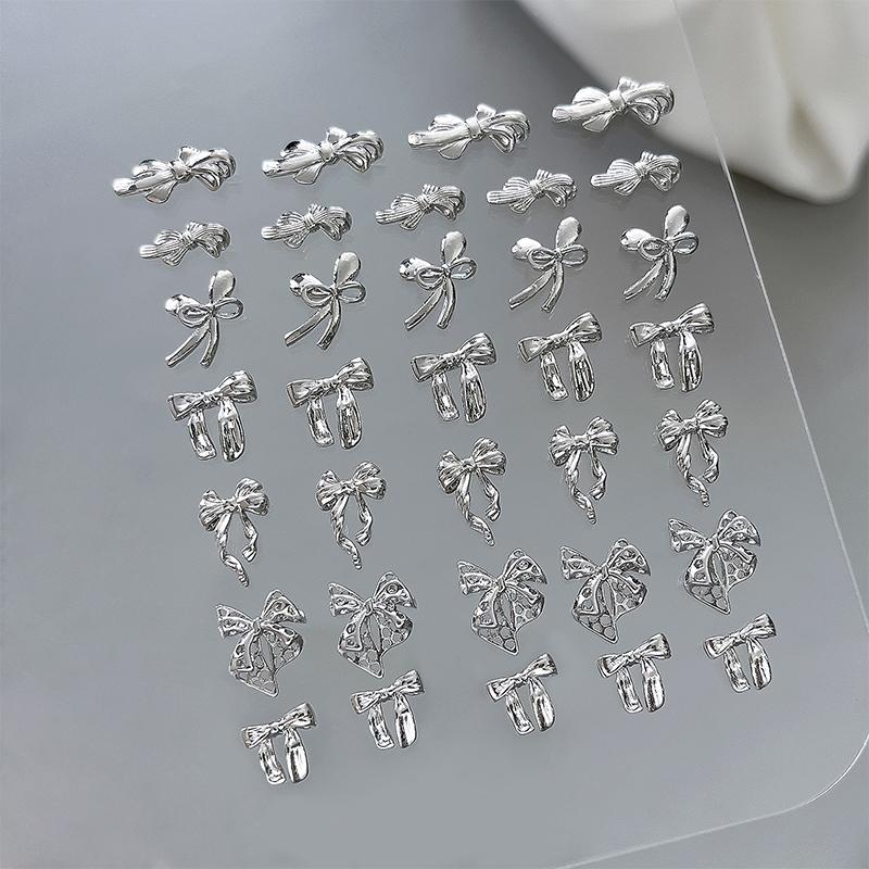10 Pcs Glossy Silver Ribbon Nail Art Charm 3D Metal Alloy Bows Silk Ribbon Nail Decoration Diy Retro Metallic Nail Accessories