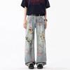 American floral ripped jeans men's summer high street ruffian handsome design pants loose straight thin trousers
