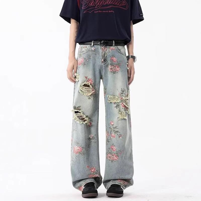American floral ripped jeans men's summer high street ruffian handsome design pants loose straight thin trousers