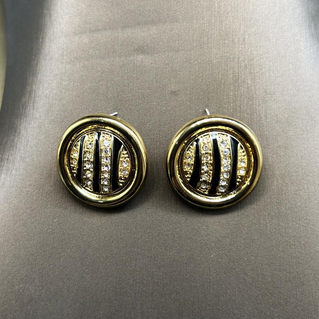 Medieval Vintage Heavy Industry Retro Electroplated Real Gold Necklace Set, Leopard Print Black Gold Enamel Necklace With Diamond Stud Earrings