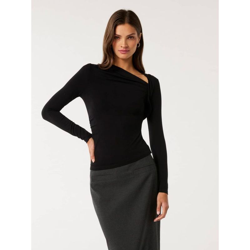 

Australia FN Pure Yuan Xxs-L Elegant Commuter Style Asymmetric Shoulder Collar Draped Waist-Controlled Slimming Long Sleeve T-shirt Autumn Black M