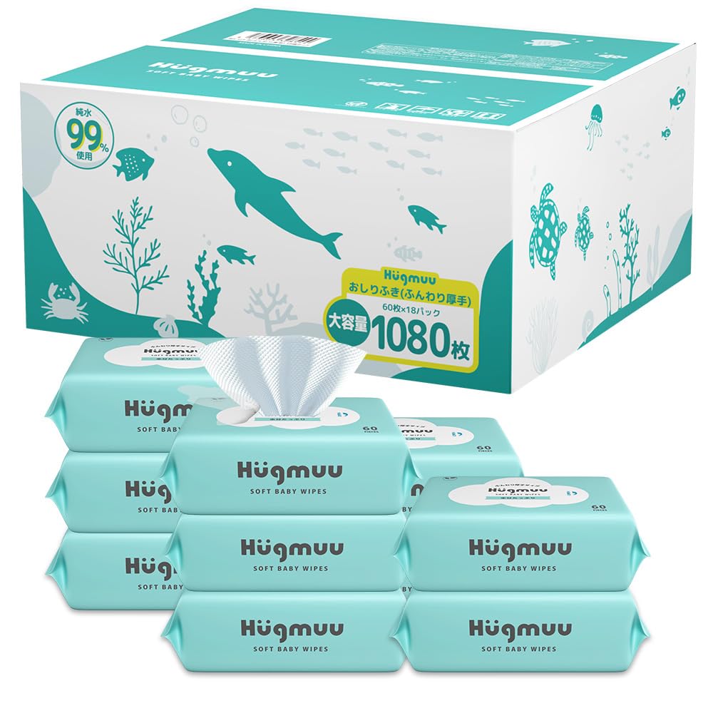 

Hugmuu Baby Большие 1080 листов Листов x 18 Влажные салфетки для Сделано с чистой водой Салфетки, Мягкие, Плотные, Высоковлажные, Вместимость, (60 упаковок), Младенцы, 99%