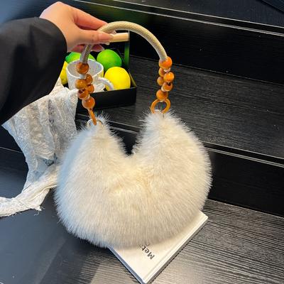 Autumn and Winter New Wooden Bead Portable Plush Shoulder Bag Handbag Texture Fashion Bag Female Sweet Cute Armpit Bag