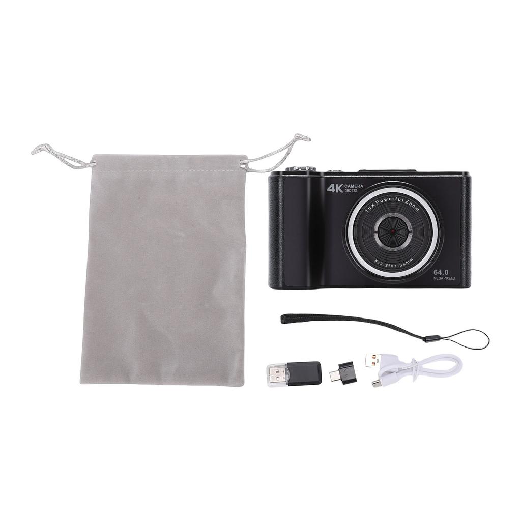 4K Digital Camera 64MP Auto Focus 180 degrees Flip Screen 16X Digital Zoom Compact Travel Camera with Fill Light