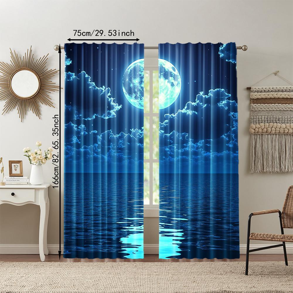 2Pcs Moon Pattern Curtains Rod Pocket Decorative Window Drapes Window Treatments For Bedroom Living Room Home Decoration Room
