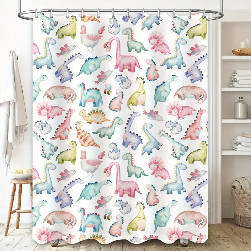 Watercolor Cartoon Dinosaur Shower Curtain Kids Bathroom Decor Bright Fun Animal Print Fabric Shower Panels for Home Bathing Are