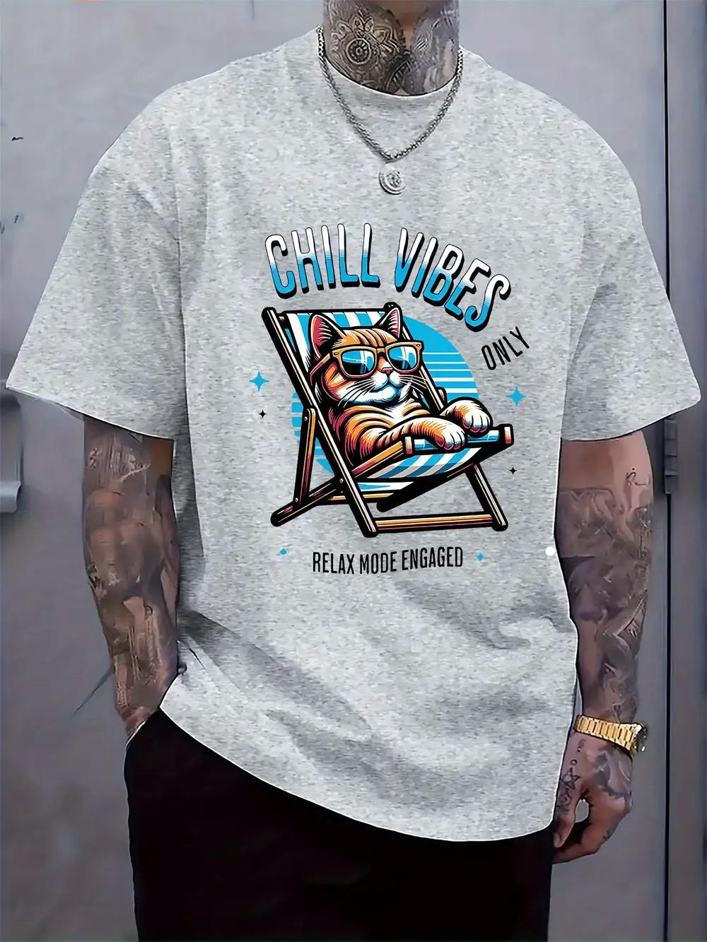 Relaxed Fit T-shirt with Lazy Cat Graphic - Chill Vibes Only Design S