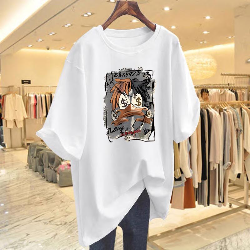 

New Casual Fashion Age Reduction Cartoon Printed Cotton Short Sleeve T-Shirt Women s Summer Loose Top Bottom Shirt S