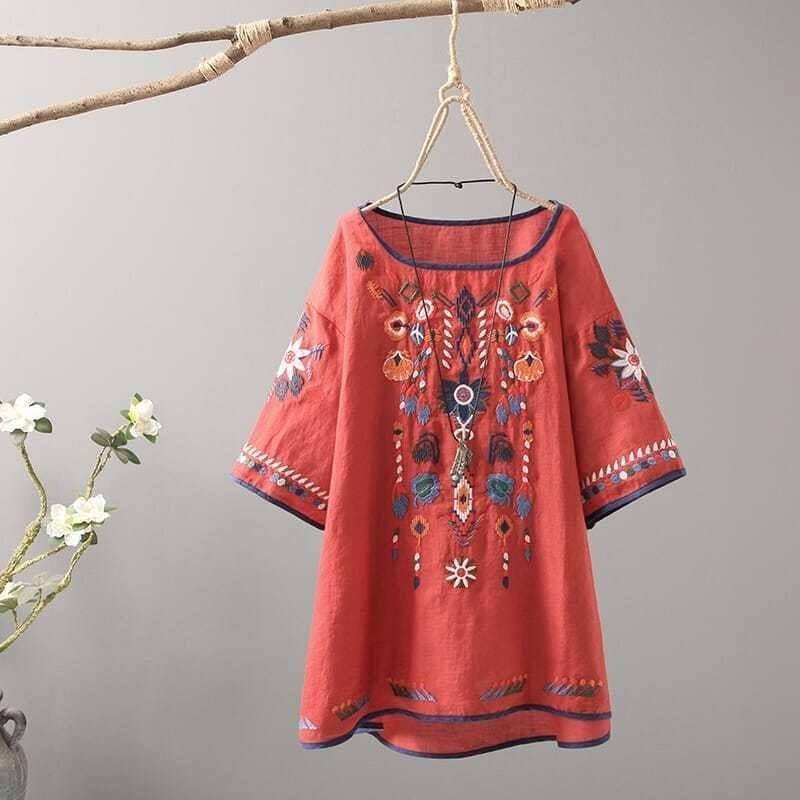 Ethnic Style Cotton and Linen Embroidered T-shirt Women's Round Neck Short-sleeved Casual Retro Hemmed Art Top