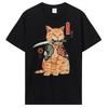 Summer New Men Japanese Samurai Cat Graphic T Shirt Fashion Casual Personality Cool T-shirt Print Cotton Tees Tops