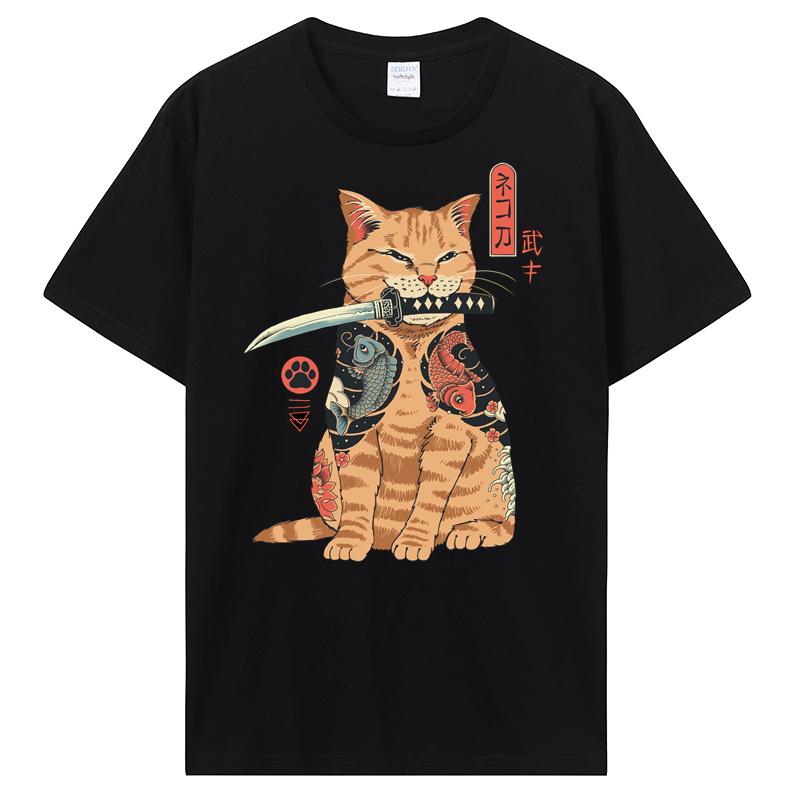 Summer New Men Japanese Samurai Cat Graphic T Shirt Fashion Casual Personality Cool T-shirt Print Cotton Tees Tops