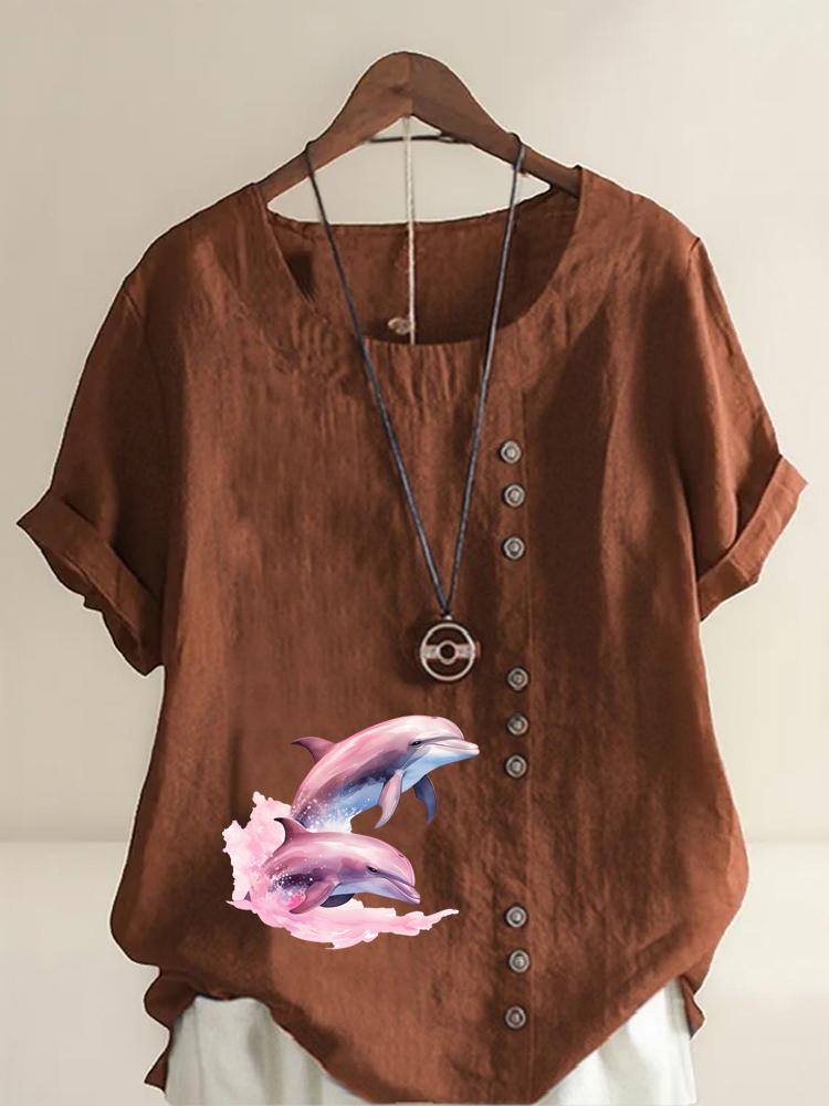 Women's Fashion Couple Dolphin Print Round Neck Short Sleeve T-shirt Summer Casual Cotton Linen Graphic Shirt Leisure Loose Blouse Tops