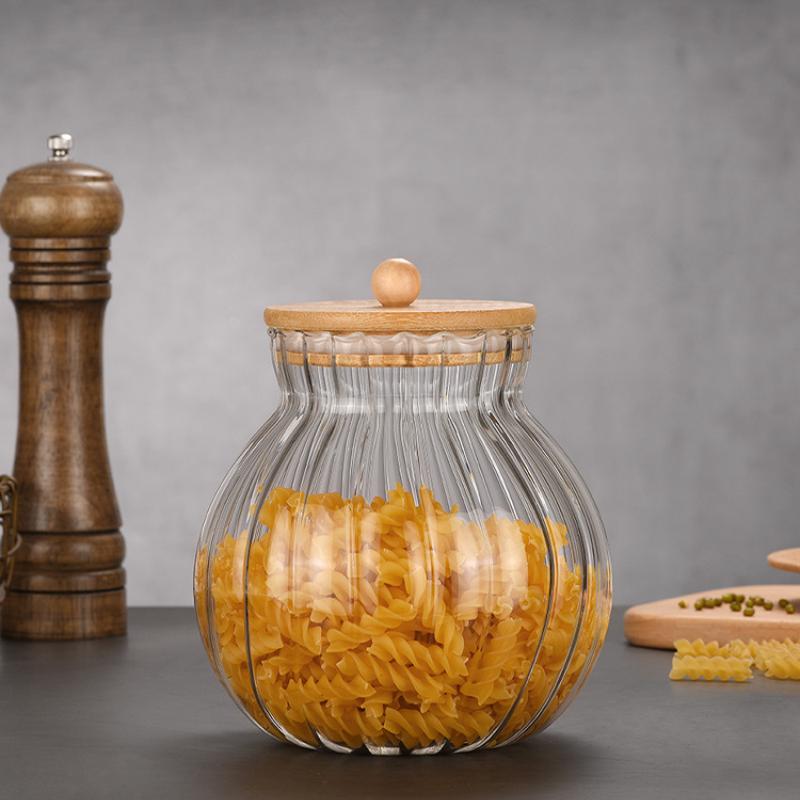 Glass Pumpkin Jar 1600 ml Kitchen Spice Clear Pumpkin Jar With Bamboo Cover Beautiful Striped Lace Sealed Bottle