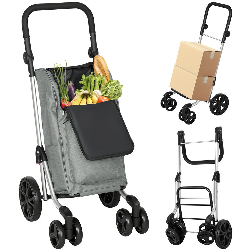 Shopping Trolley, 46 Litre Bag, Foldable Shopping Cart with Cooler Bag, Adjustable Handle, Aluminum Frame, Grey