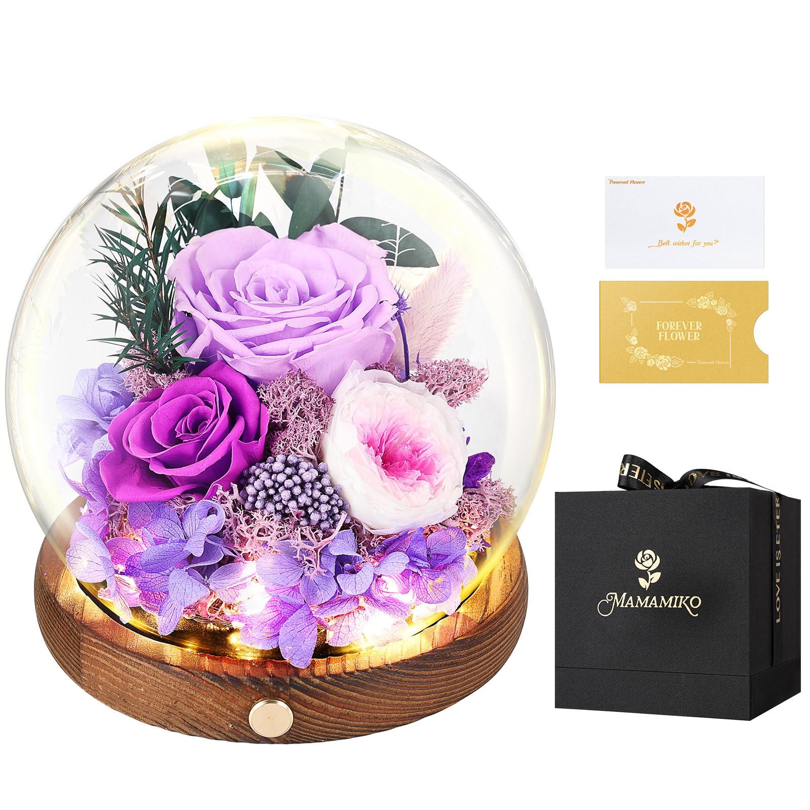 

Стабилизированные цветы в стекле, никогда не увядающие, настоящие, со светодиодной подсветкой, популярные для подарка на день рождения, купол, фиолетовый, цветы, розы, огни, композиция, День матери, фиолетовый