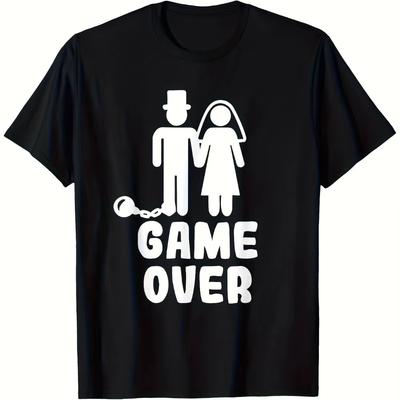 Fun Bride and Groom Wedding T-Shirt Game Over Humorous Design with Ring and Top Hat Breathable Round Neck Short Sleeve
