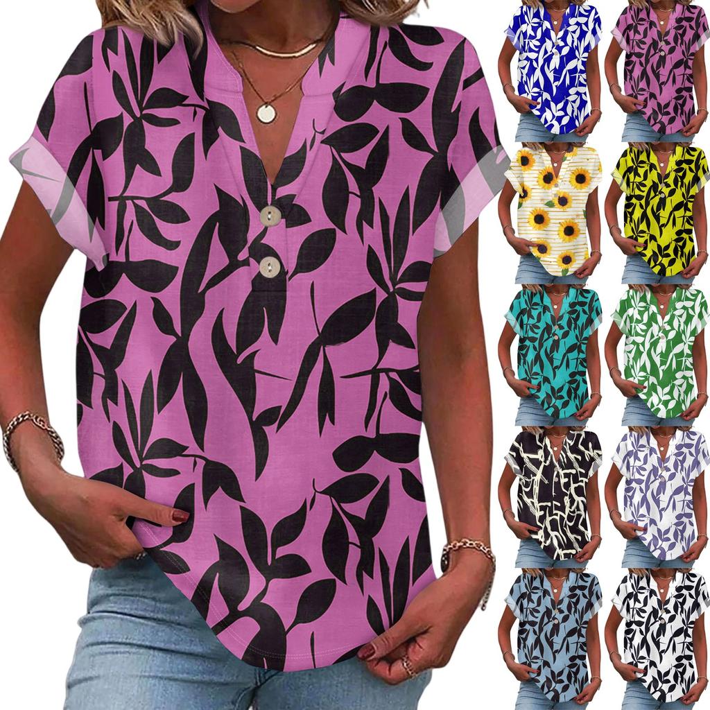 Ladies Casual Fashion V-Neck Button Floral Print Short Sleeve Top