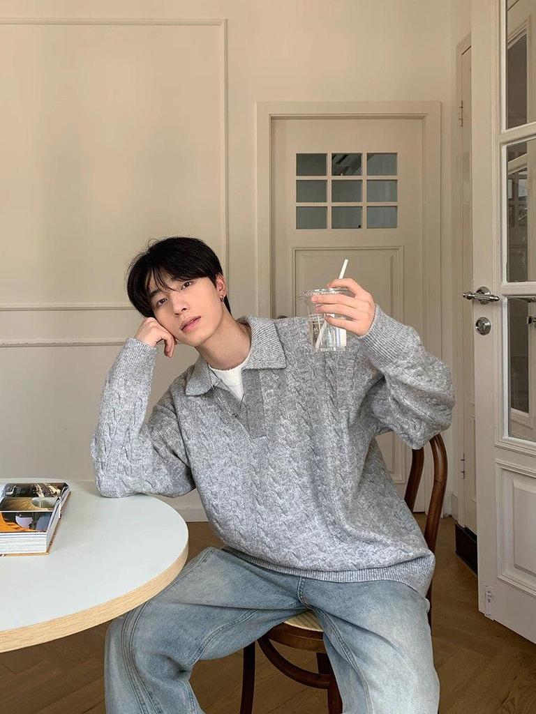 Men's Korean Style Two-Piece Lapel Pullover Knit Sweater - Winter Loose Fit, Casual Outerwear