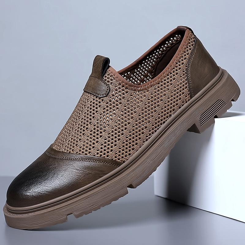 Fashion 2024 Summer New Hollow Mesh Men's Loafers Designer New Thick Soled Outdoor Walking Slip-on Men's Business Leather Shoes