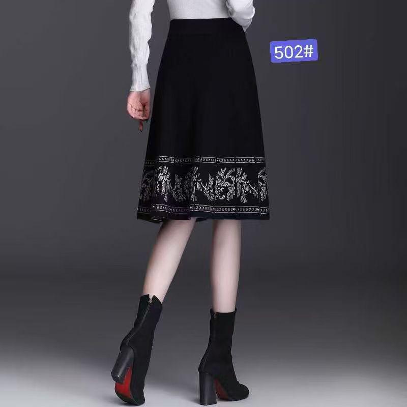 Ethnic Style Floral Knit A-line Midi Skirt - High Waist Autumn/Winter 2025