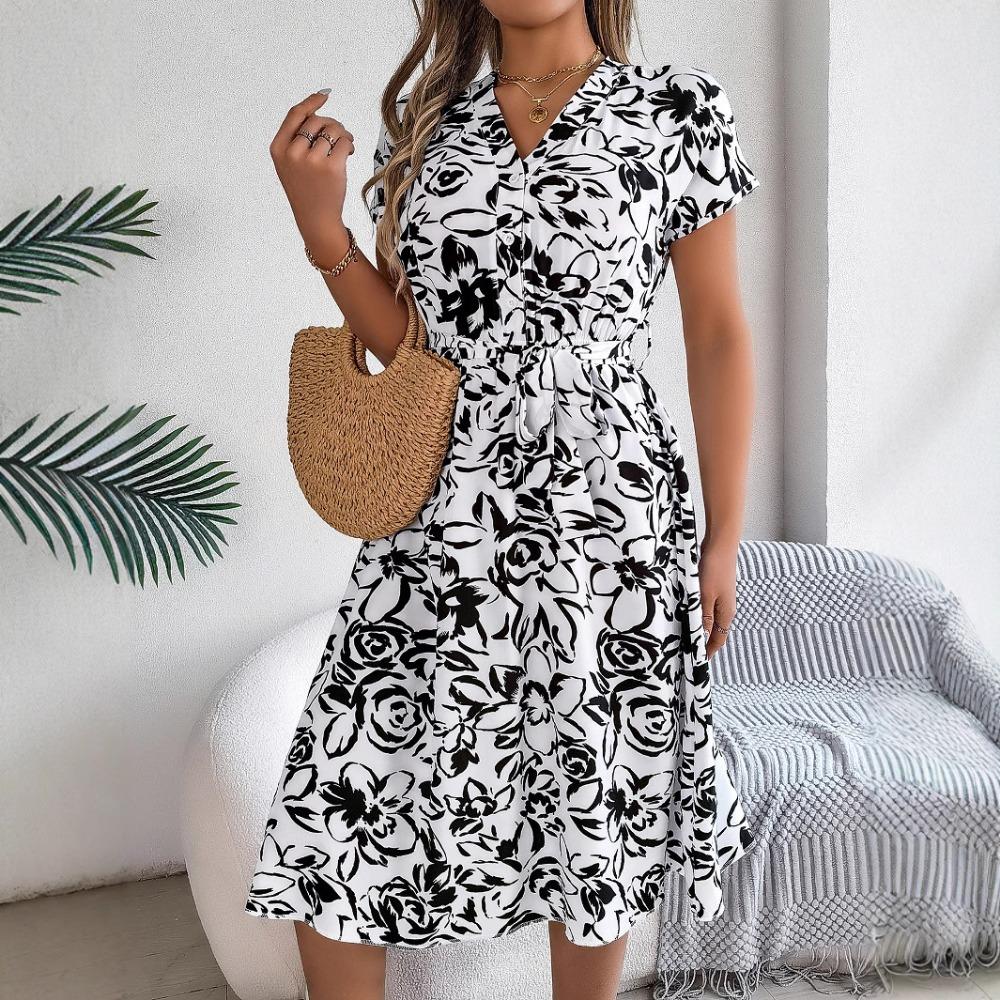 

Women s Casual V-Neck Button Batwing Sleeve Floral Hem Dresses S білий