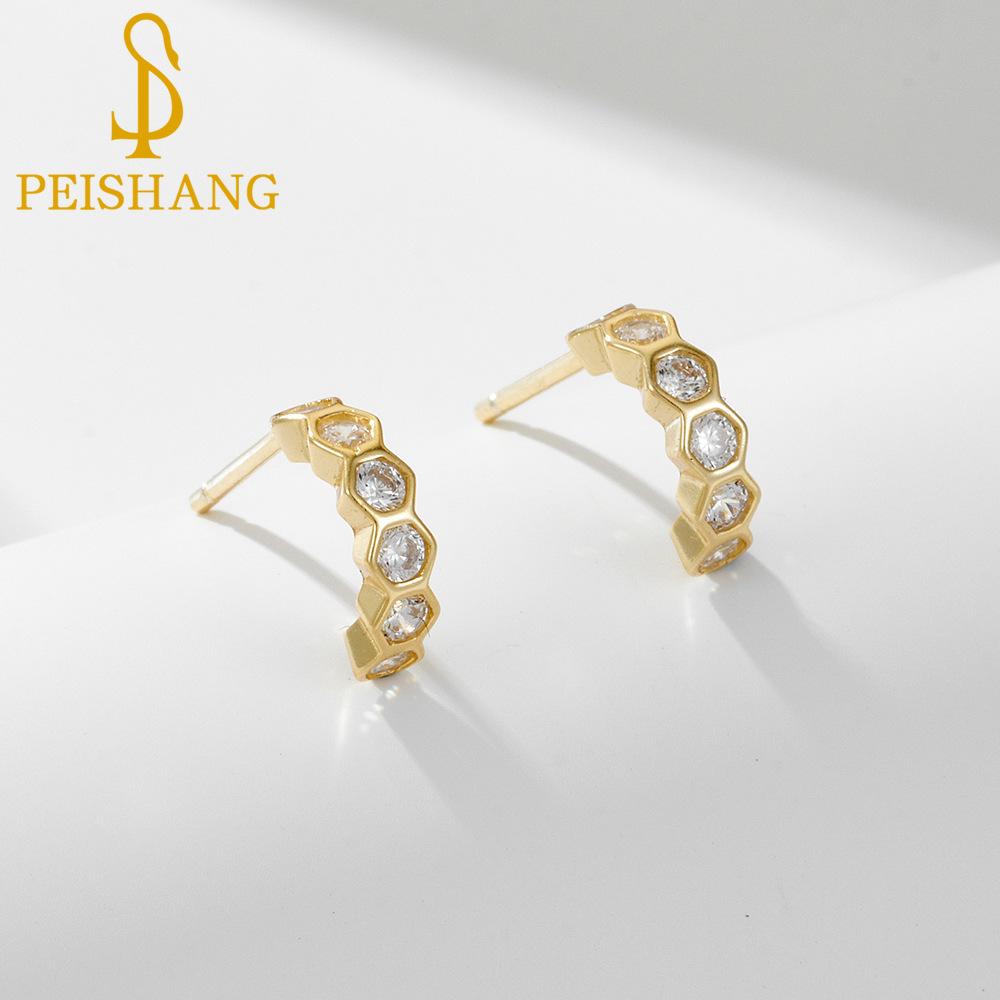 

PEISHANG Простые маленькие геометрические шестиугольные серьги с цирконием для пожилых людей, серьги из стерлингового серебра 925 пробы, женские ветряные сотни с украшениями для ушей