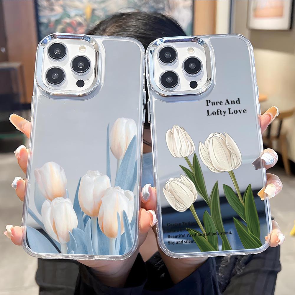 Foreign Trade Hot-selling Tulip Flower Apple 17 with Mirror Mobile Phone Case Iphone16 Mirror Mobile Phone Case 15 Girls