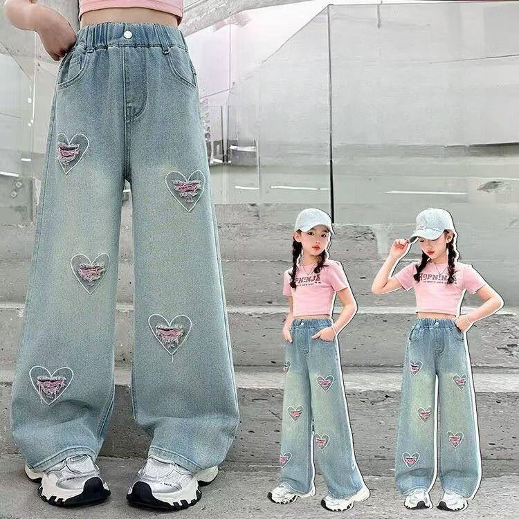 Blugi pentru fete Pantaloni pentru copii de primăvară și toamnă Pantaloni de damă la modă cu picioare largi drepte