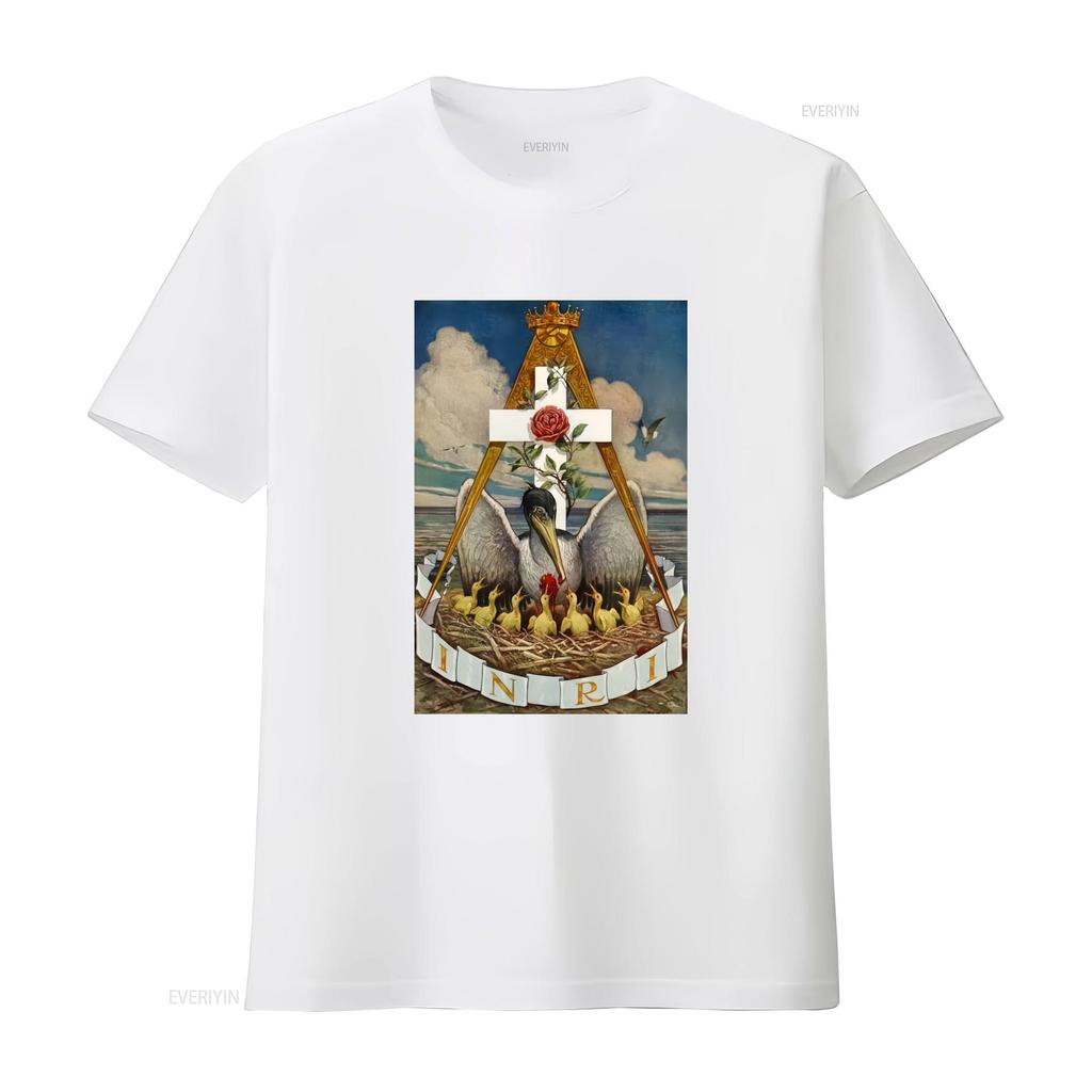 Esoteric shirt INRI The pelican feeding its young Initiation occult symbol Masonic Knight Rose Croix Rosicrucian cross seal tee