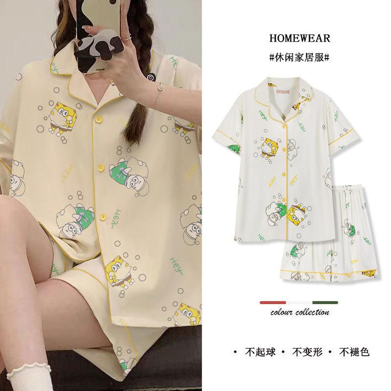 Pajamas Women's Summer Short-sleeved Shorts Cardigan Sweet and Cute Casual Girl Cotton Korean Version Women's Loungewear Suit