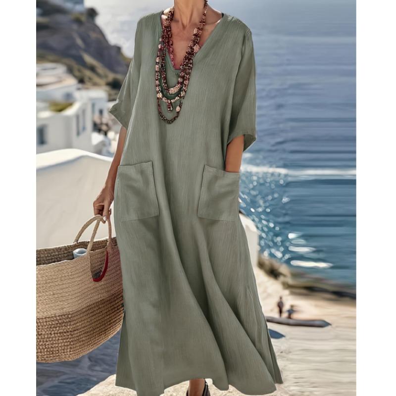 Vestido de Verano Nuevo Estilo Color Liso Holgado Cuello en V Manga Corta
