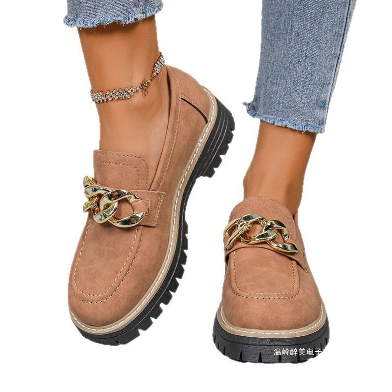 European and American Style Large Size Round Head Thick Sole Metal Chain Low-top Single Shoes Women's Thick Heel Thick Sole Foot Cover Lazy Loafers