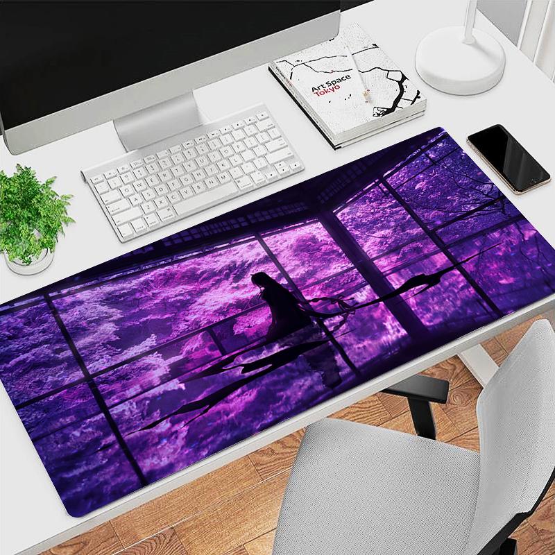 Gaming Mouse Pad Antislip Stitched Edges Purple Anime Girl Artwork Print Keyboard Pad for Gamer Home Office Desk Mat