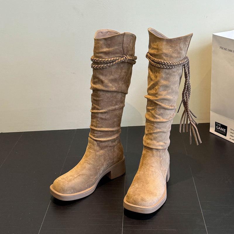 

Кисточки женские новые рыцарские сапоги ретро пустошь ветер толстые каблуки но сапоги до колена на высокой платформе 40 хаки