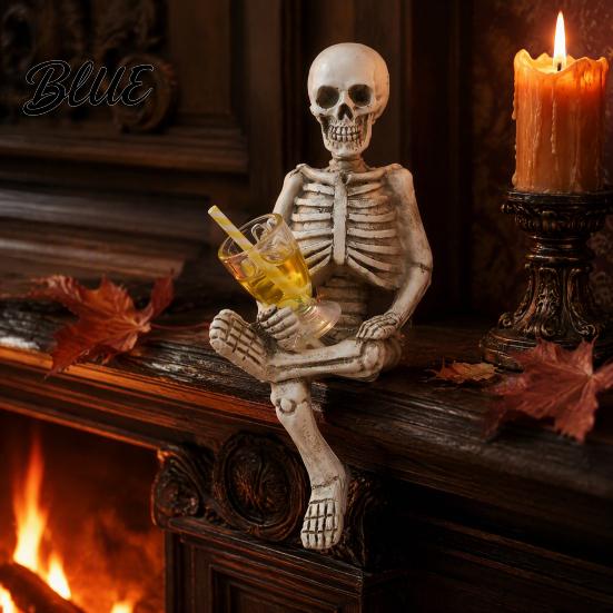 Resin Skeleton Sculpture Halloween Gothic Figurine Holding Glass Bottle Horror Decor Statue Desktop Decoration for Home Office Bookshelf Outdoor
