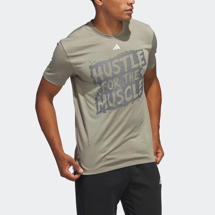 Adidas Hustle For The Muscle Aeroready Letter Pattern Print Quick-Dry Sports Fitness Crew Neck T-Shirt Men Tops Pebble-Silver-Gray H44745