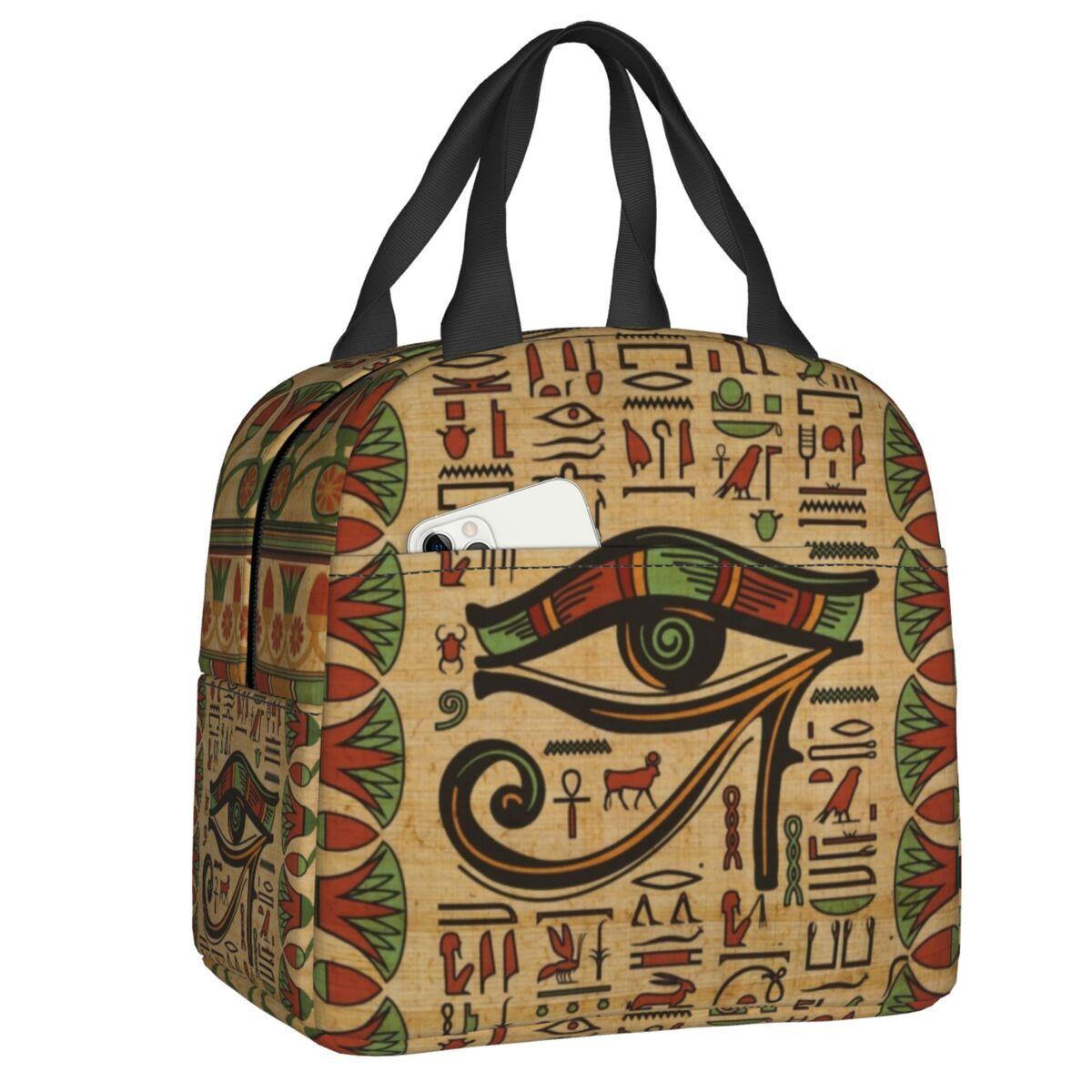 Custom Hieroglyphics Bastet Egyptian Goddess Portable Lunch Boxes Women Waterproof Thermal Cooler Food Insulated Lunch Bag 22x20x13cm