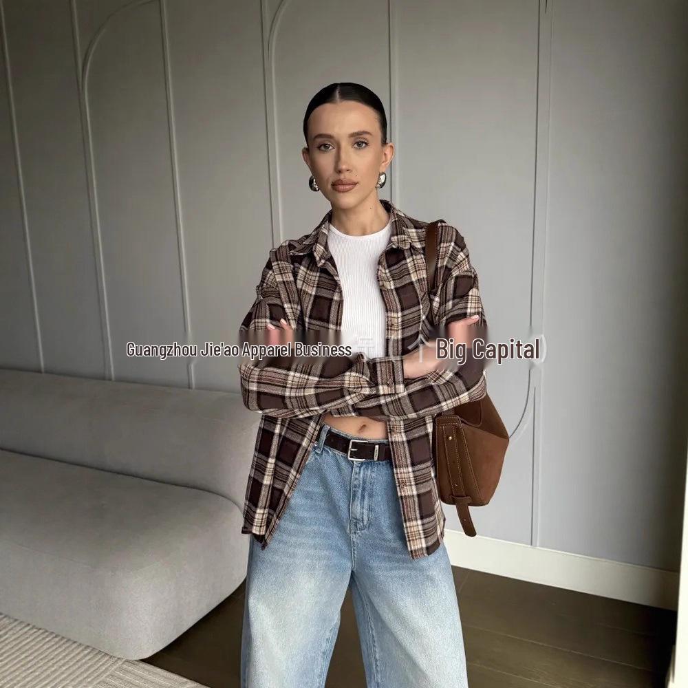 2025 Plaid Retro Versatile Long Sleeve Cardigan Shirt Large