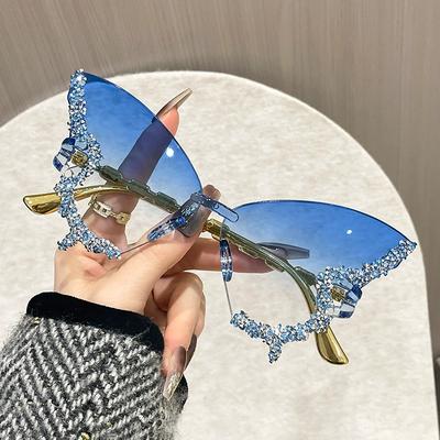 Luxus Diamant Schmetterling Sonnenbrille Frauen Marke Y2k Vintage Randlose Übergroße Sonnenbrille Damen Brillen