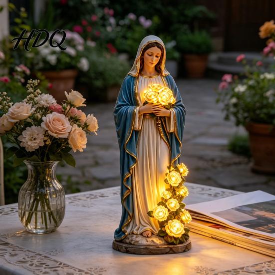 Decoración Religiosa para Exteriores Estatua de Luz de Jardín de la Santísima Madre con Flor Lámpara USB Adorno Resistente a la Intemperie Rosa Brillante Decorativa para Cristianos
