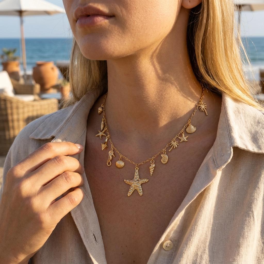 Bohemian Starfish Shell Conch Turtle Pendant Necklace for Women Exaggerated Sun Link Chain Necklace Trendy Ocean Series Jewelry