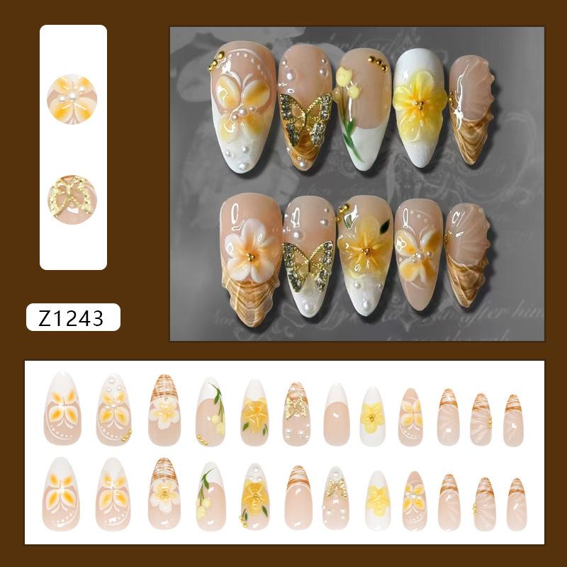 Three-dimensional milk yellow French pearl golden bean butterfly lily of the valley wild temperament ins wind removable wearing armor 24 pieces